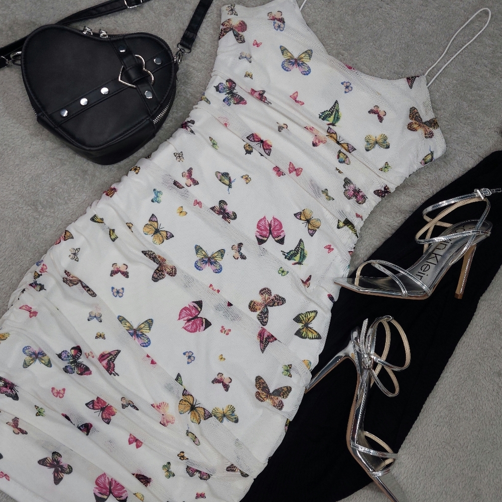 Rue 21 Y2K Butterfly Print White Colorful Mesh Mini Dress Women's Medium Bodycon